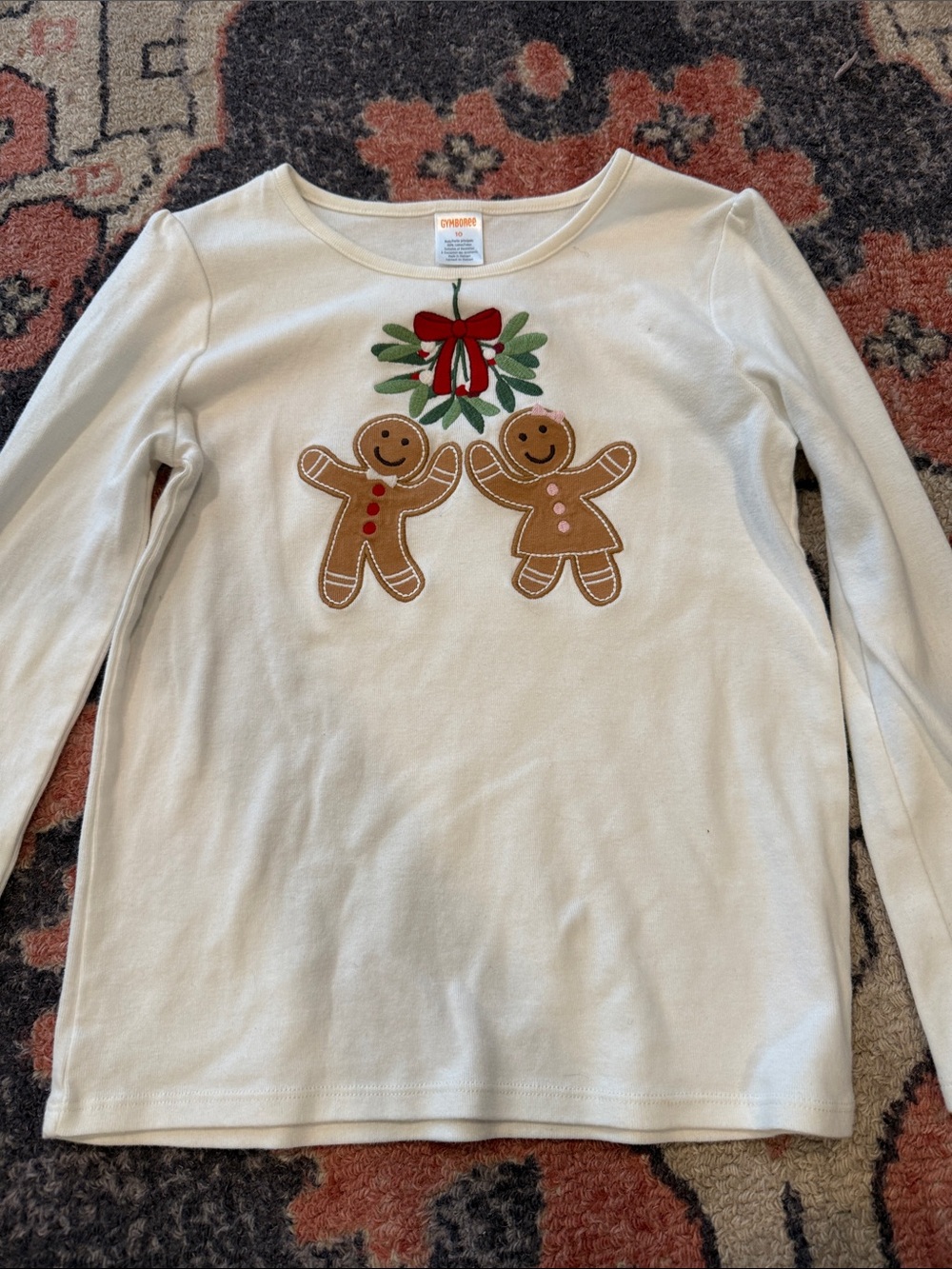 Gymboree Cream Long-Sleeve Top with Gingerbread Couple and Mistletoe